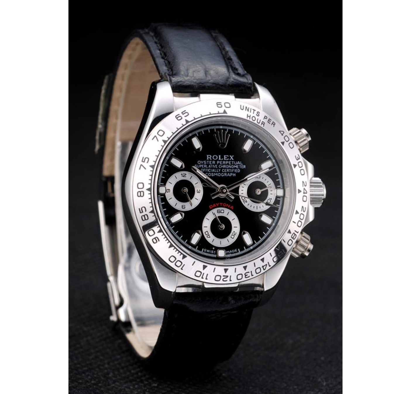 Aaa replica watch Black Tachymeter Strap Rolex Dial Black Lady Daytona Case Leather Steel Stainless 0514